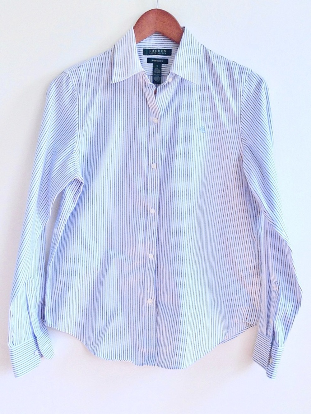 VTG Y2K LRL Ralph Lauren Non-Iron Blue White Stripe Button-Down Shirt S 2000s